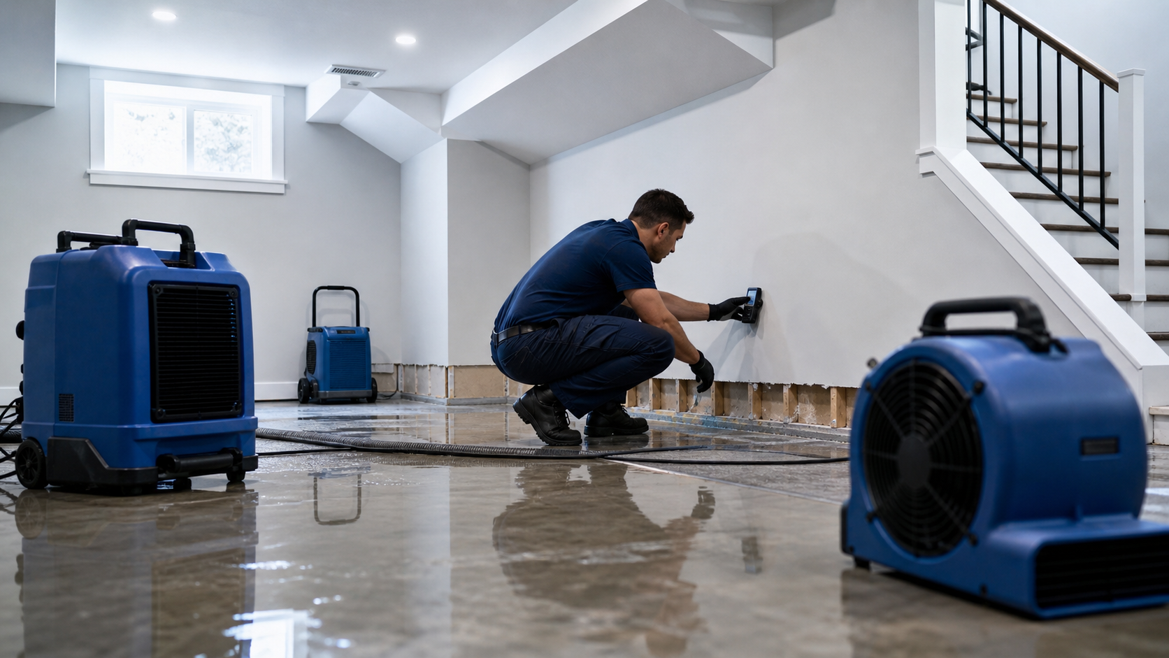 Water damage drying equipment in a Denver basement